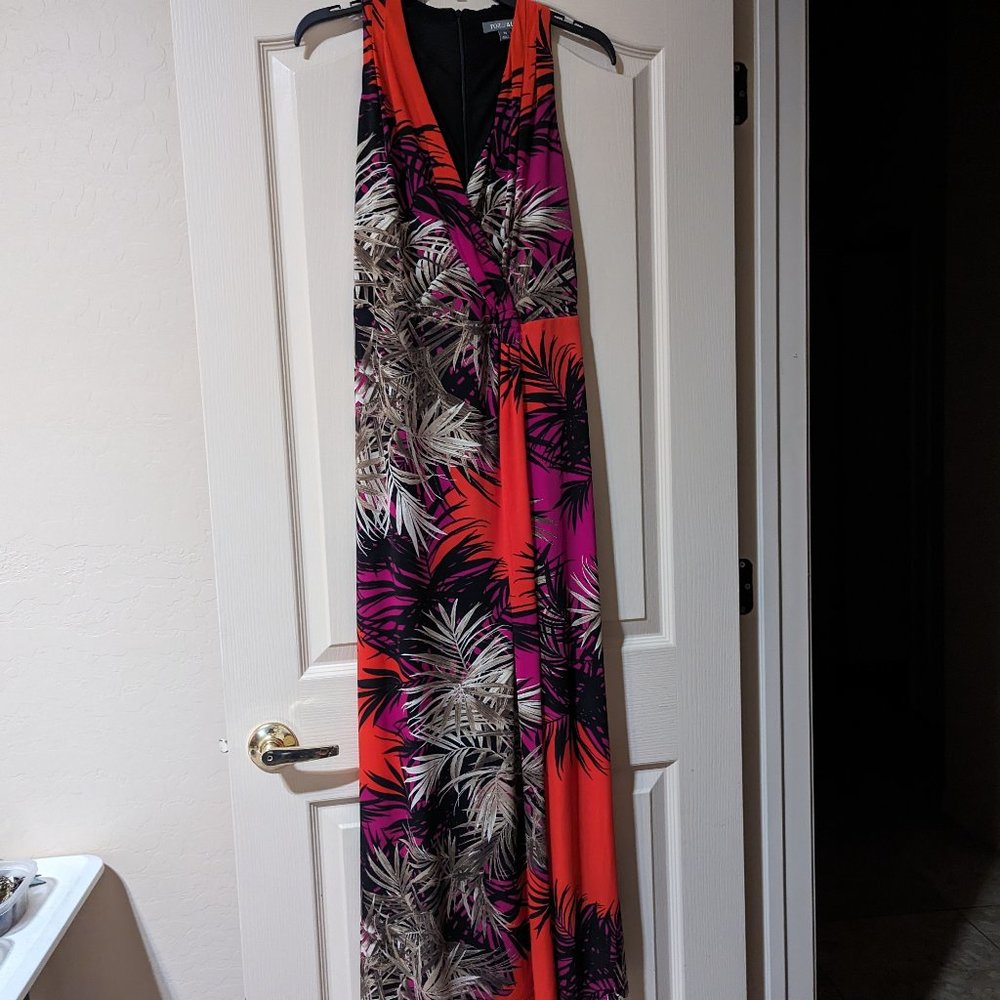 Roz & Ali Tropical Maxi Dress size 12 orange black magenta brown
